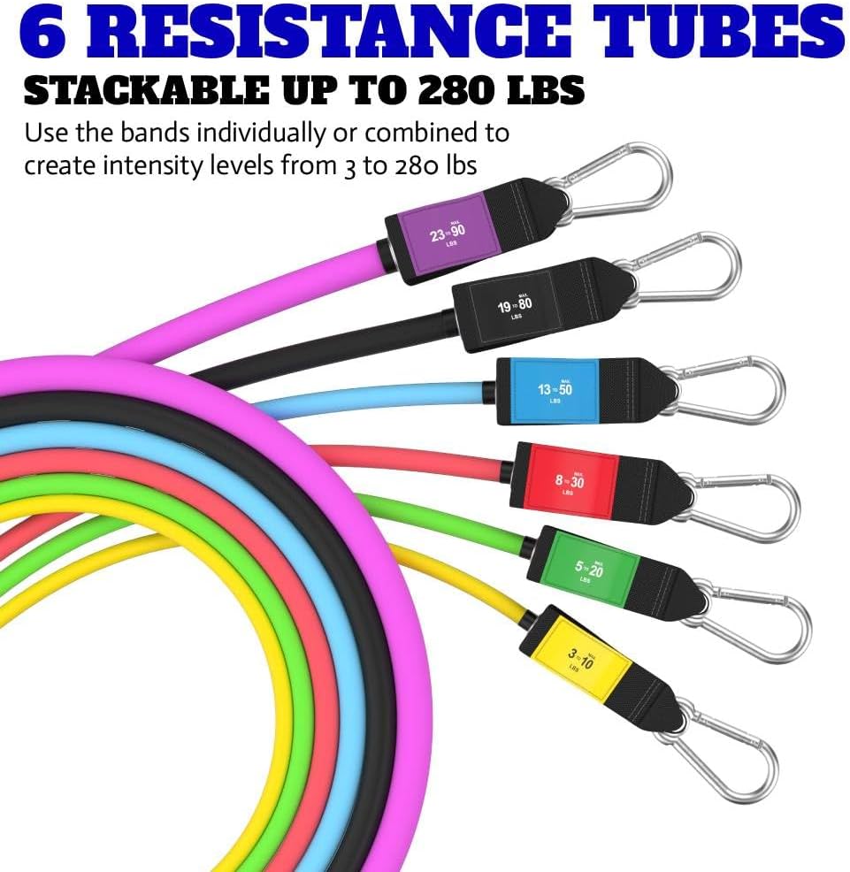 Bodylastics Patented Basic Series Resistance Band Set - Resistance Bands with Snap Reduction Tech, 2 Handles, 2 Ankle Straps, 1 Door Anchor & 1 Carry Bag