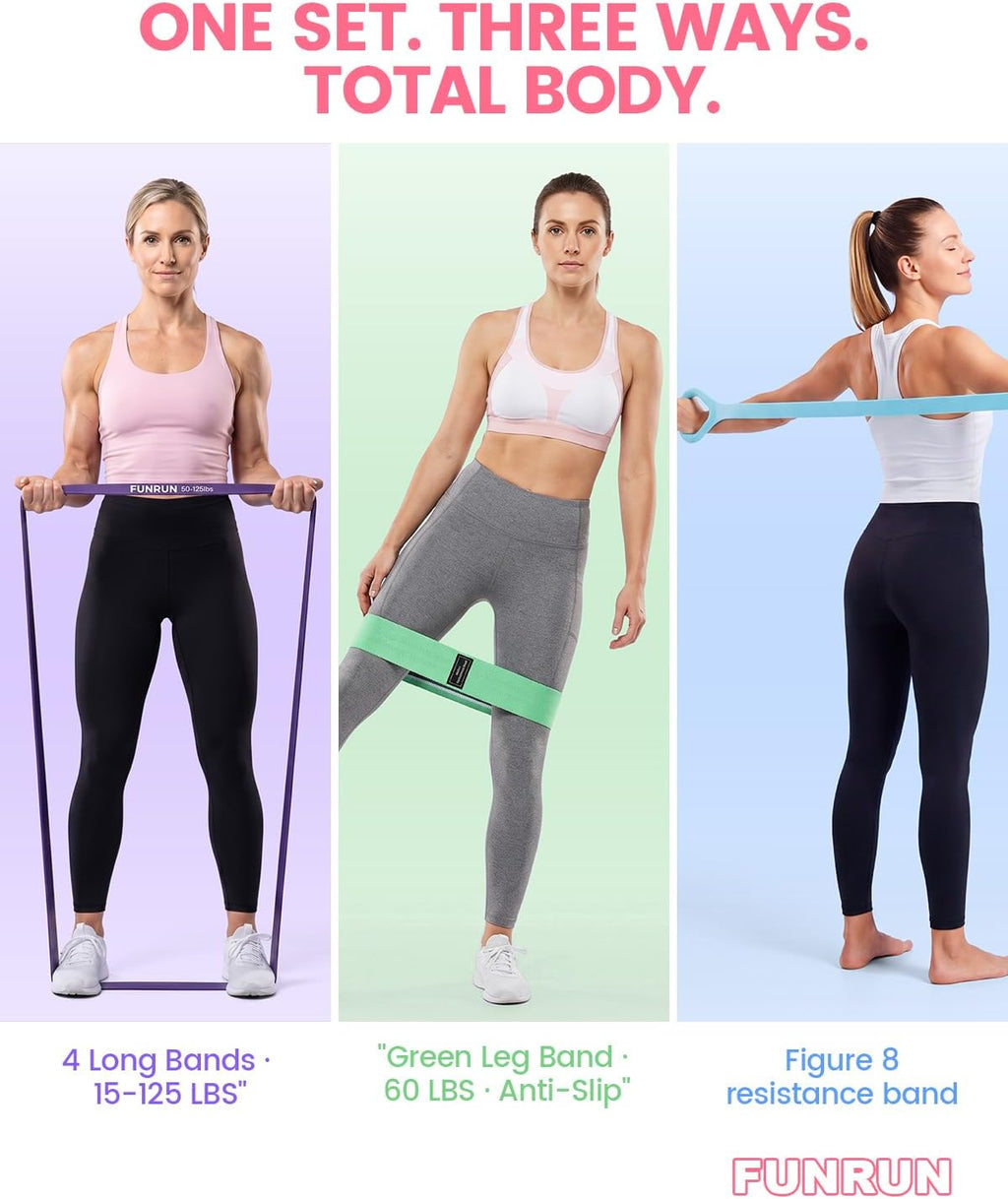 FUNRUN Resistance Bands Set for Women, Exercise Bands with Loop Bands, Non-Slip Fabric Booty Band & Figure 8 Stretch Bands for Strength Training, Physical Therapy, Pilates & Yoga - Pull Up Assistance