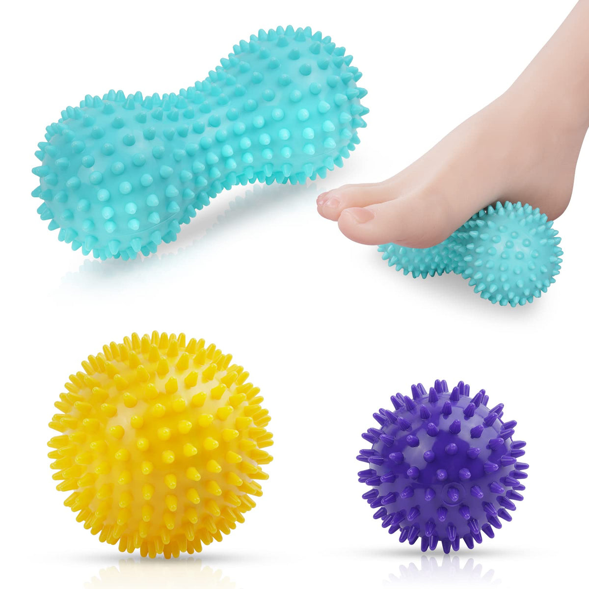 URAQT Spiky Massage Ball Set, 2 Pack Physical Therapy Massage Balls, Hard Lacrosse Ball & Spiky Massage Ball for Myofascial Release and Trigger Point Deep Tissue Massage (Blue)