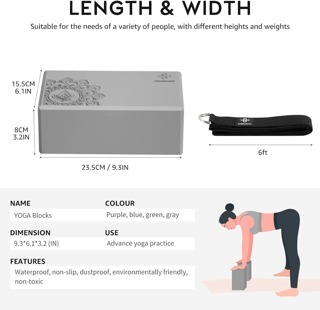 Overmont Yoga Block 2 Pack Supportive Latex-Free EVA Foam Soft Non-Slip Surface for General Fitness Pilates Stretching and Meditation 9"x6"x3" Yoga Strap Included