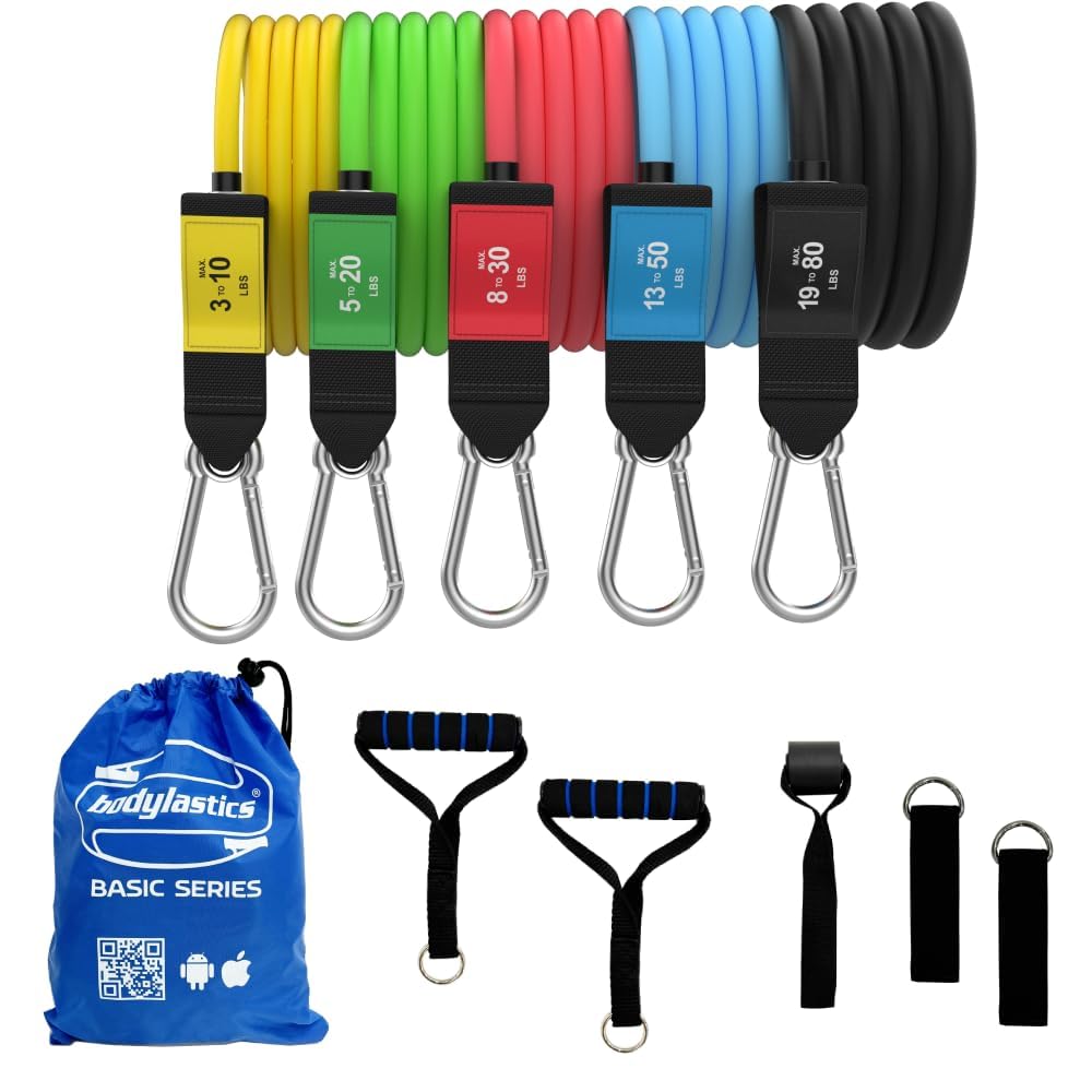 Bodylastics Patented Basic Series Resistance Band Set - Resistance Bands with Snap Reduction Tech, 2 Handles, 2 Ankle Straps, 1 Door Anchor & 1 Carry Bag
