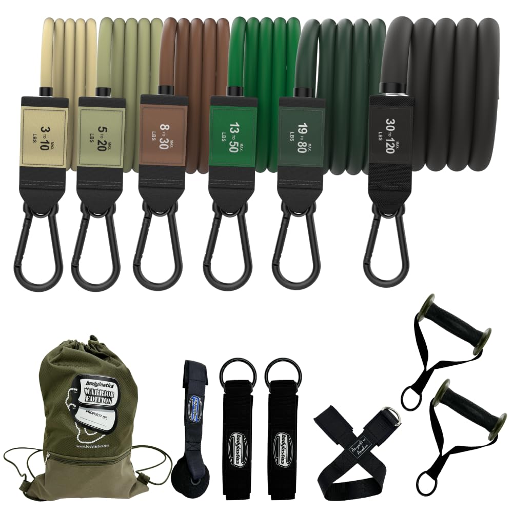 Bodylastics Patented Basic Series Resistance Band Set - Resistance Bands with Snap Reduction Tech, 2 Handles, 2 Ankle Straps, 1 Door Anchor & 1 Carry Bag
