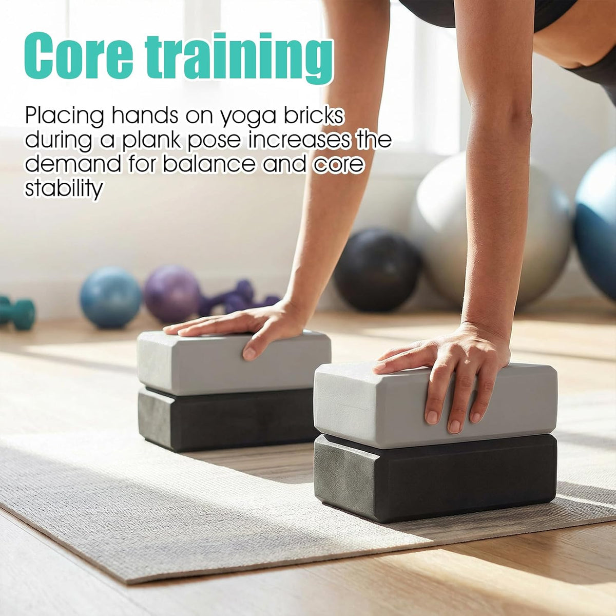 4 Pack Yoga Blocks, High Density EVA Foam Blocks for Strength, Flexibility and Balance, Non-Slip Surface for Yoga, Pilates, Meditation (8.9x6.7x3 Inches, 2 Black + 2 Gray)