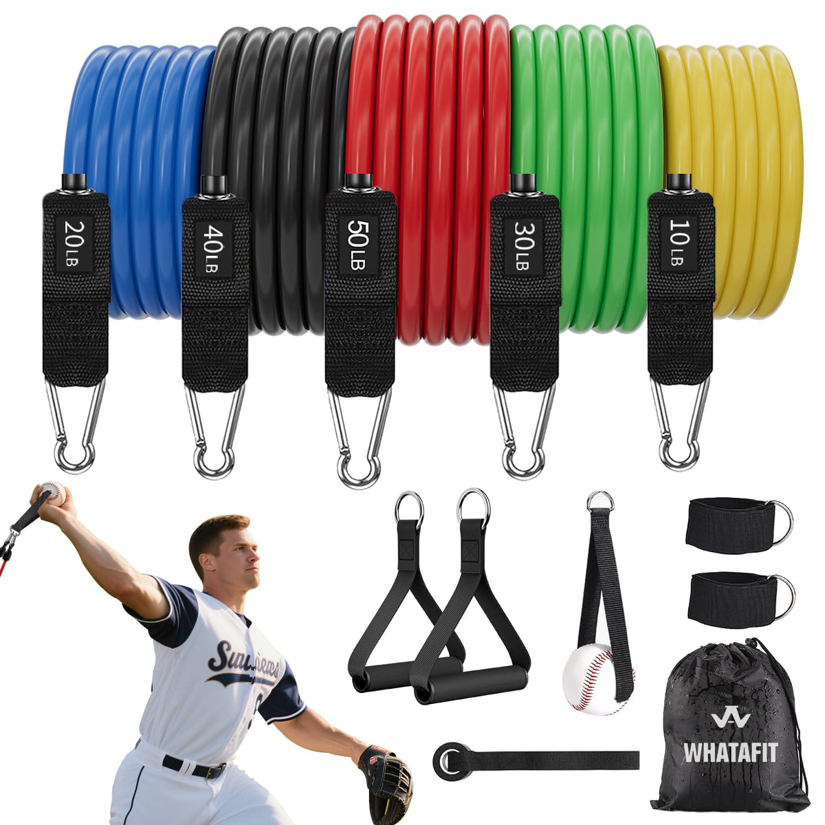 WHATAFIT Resistance Bands with Handles, 150 lb Exercise Bands Set