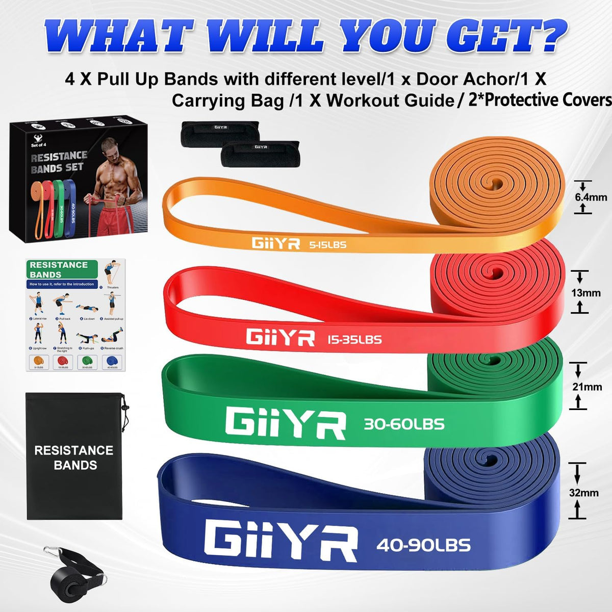Resistance Bands Set for Men & Women - 4 Levels Exercise Band with Door Anchor, Pull Up Bands for Strength Training, Stretching, Powerlifting, Home Workouts