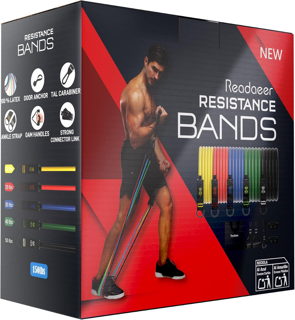 READAEER Resistance Bands, 10-150 LBS Exercise Bands with Handles, Ankle Straps & Door Anchor, Adjustable Workout Bands for Full Body Strength Training, Home, Gym & Travel