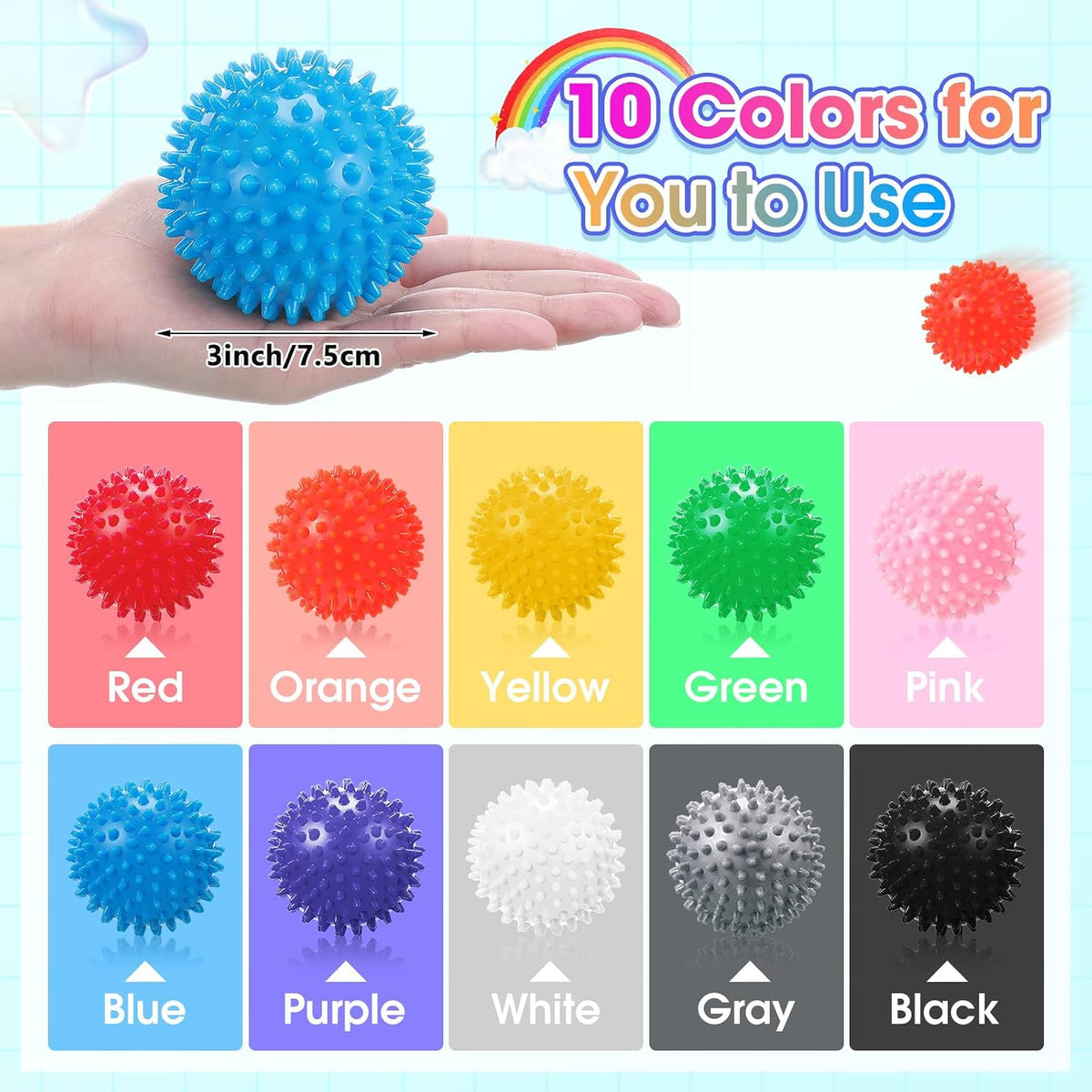 Liliful 20 Pcs Spiky Massage Balls for Feet, Back, Hand Massage Roller Squeeze Balls Plantar Fasciitis Ball Bulk for Foot Hand Therapy, 10 Colors 3 Inch Multipack
