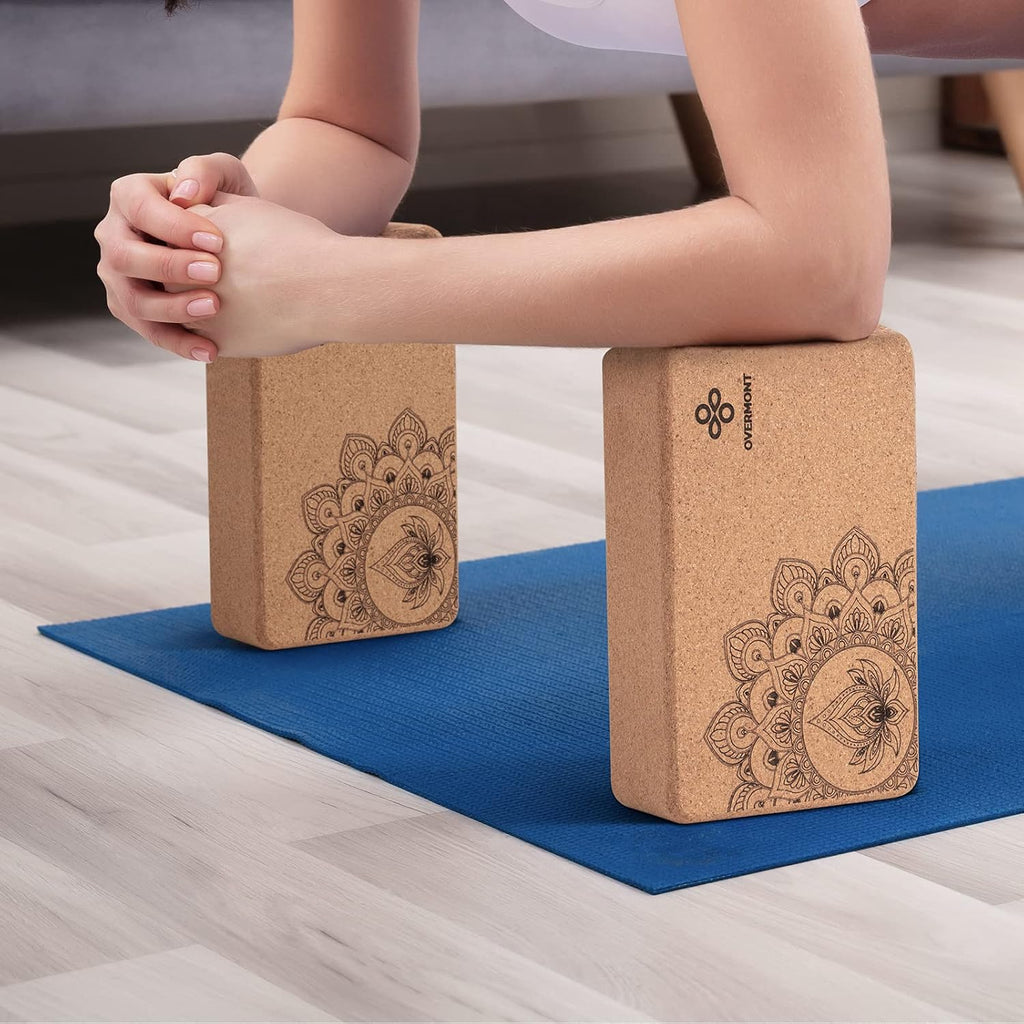 Overmont Cork Yoga Blocks 2 pack with 8ft Strap Natural Cork Bricks