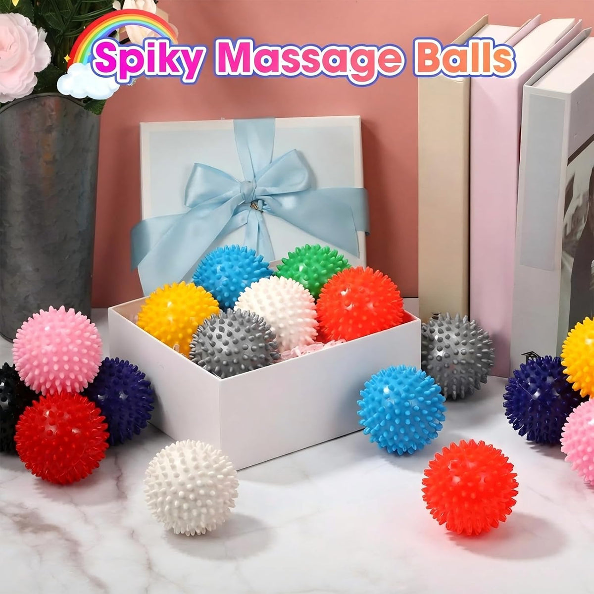 Liliful 20 Pcs Spiky Massage Balls for Feet, Back, Hand Massage Roller Squeeze Balls Plantar Fasciitis Ball Bulk for Foot Hand Therapy, 10 Colors 3 Inch Multipack