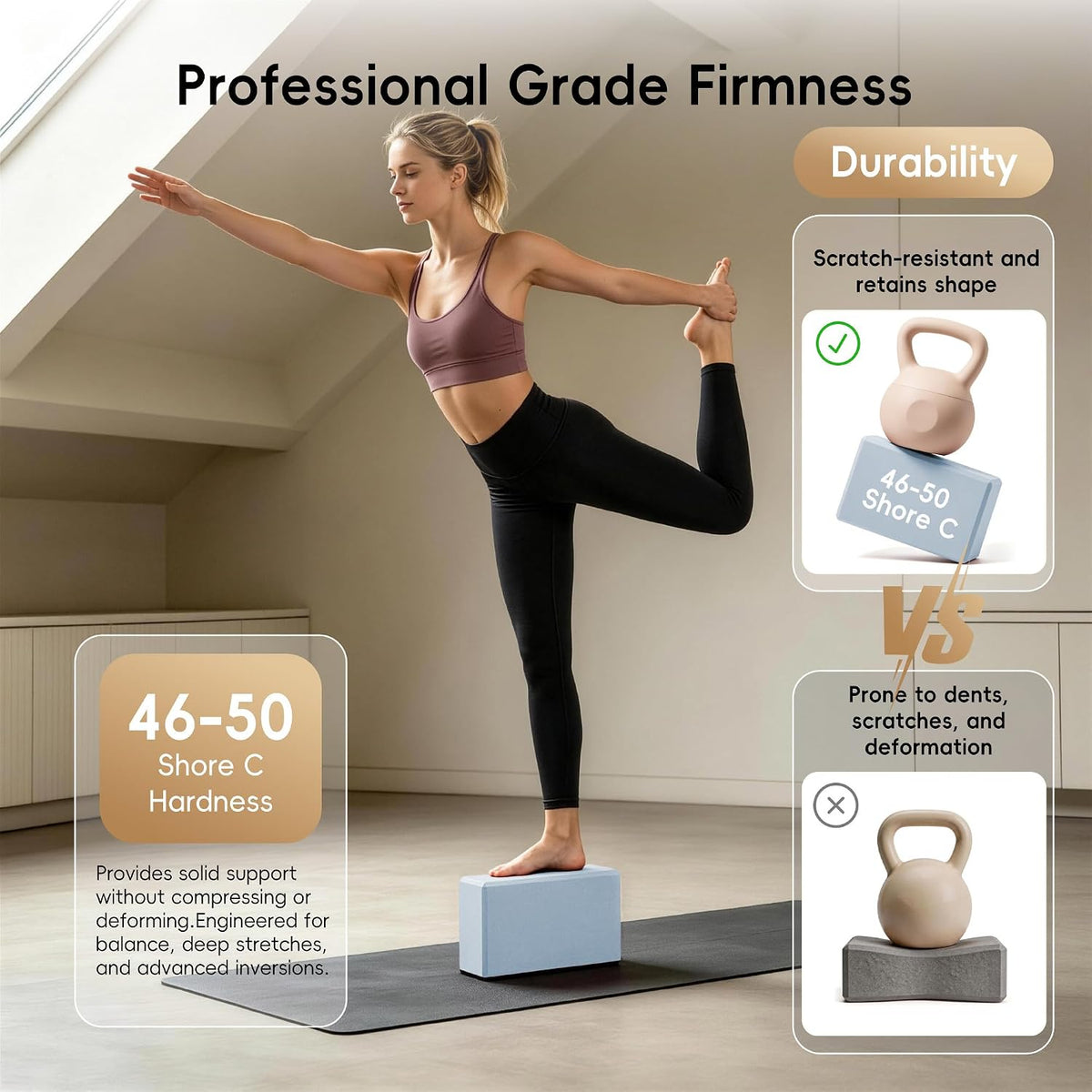 High Density EVA Yoga Blocks 2 Pack, 280g Pro-Level Exercise Brick (46-50 Shore C Firmness), Odor-Free & Non-Slip Foam Props for Yoga, Pilates & Stretching