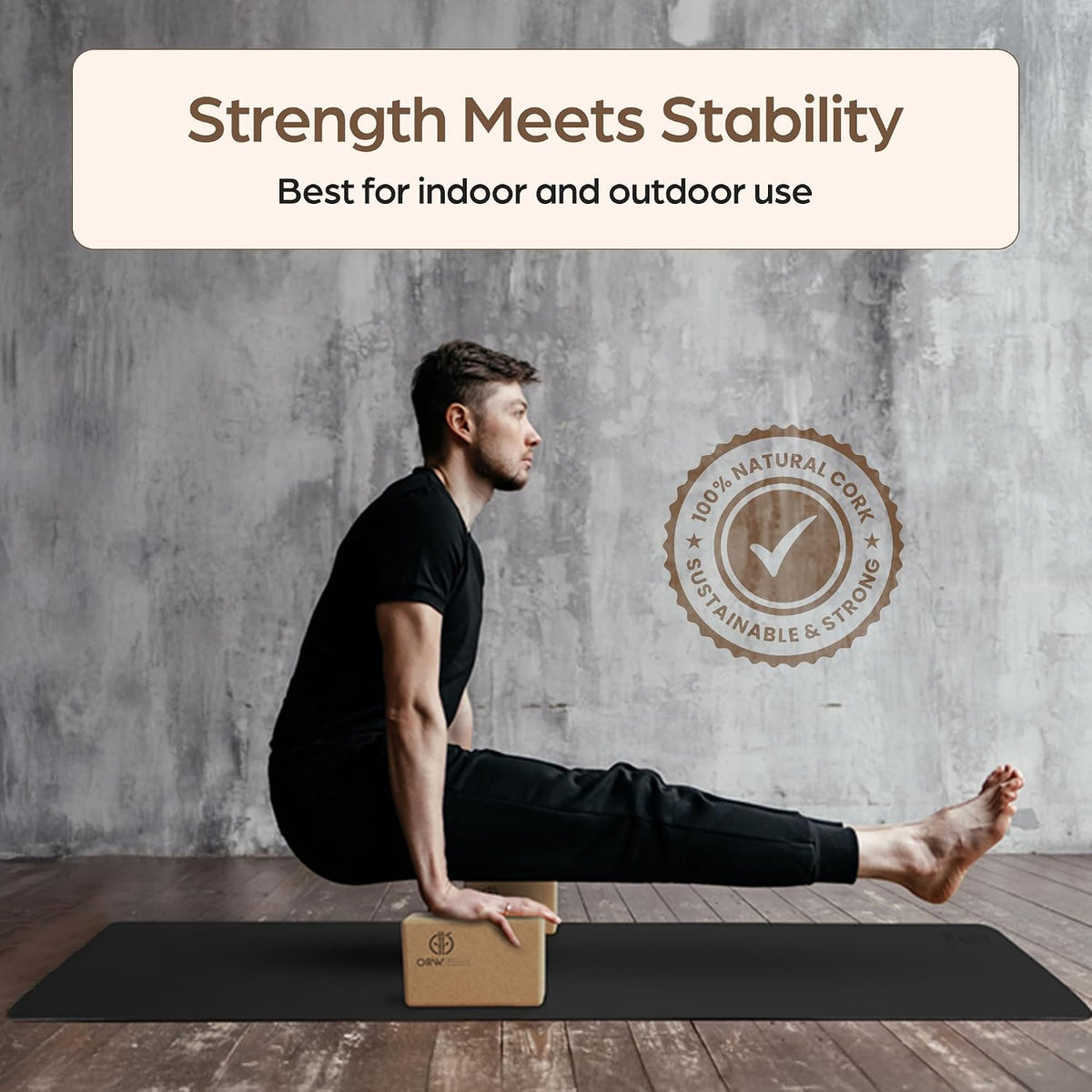 ORW Cork Yoga Block, FSC Natural Cork, Heavy, Non Slip, 9”x6”x3”, 1.5lb, Pilates