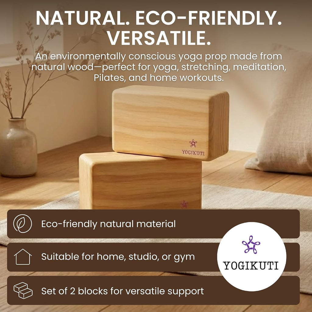 Solid Wooden Yoga Blocks Set of 2 | Premium Pine Wood Iyengar Yoga Blocks | Solid, Durable & Smooth Rounded Edges | Wooden Yoga Props for Stretching, Balance, Alignment & Home Studio Practice