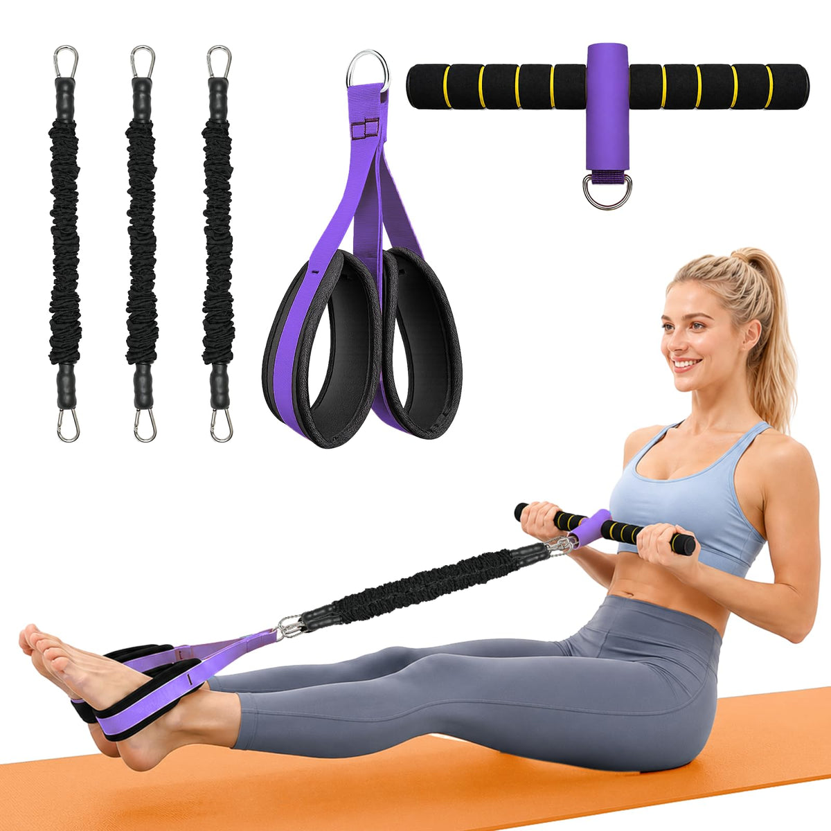 Pedal Resistance Band with Handles, 6-Tubes Natural Rubber Exercise Band