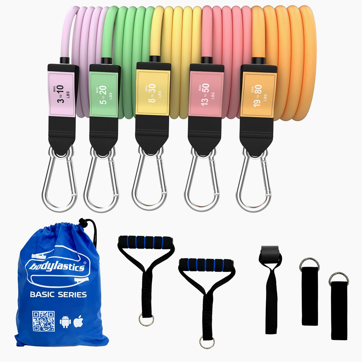 Bodylastics Patented Basic Series Resistance Band Set - Resistance Bands with Snap Reduction Tech, 2 Handles, 2 Ankle Straps, 1 Door Anchor & 1 Carry Bag