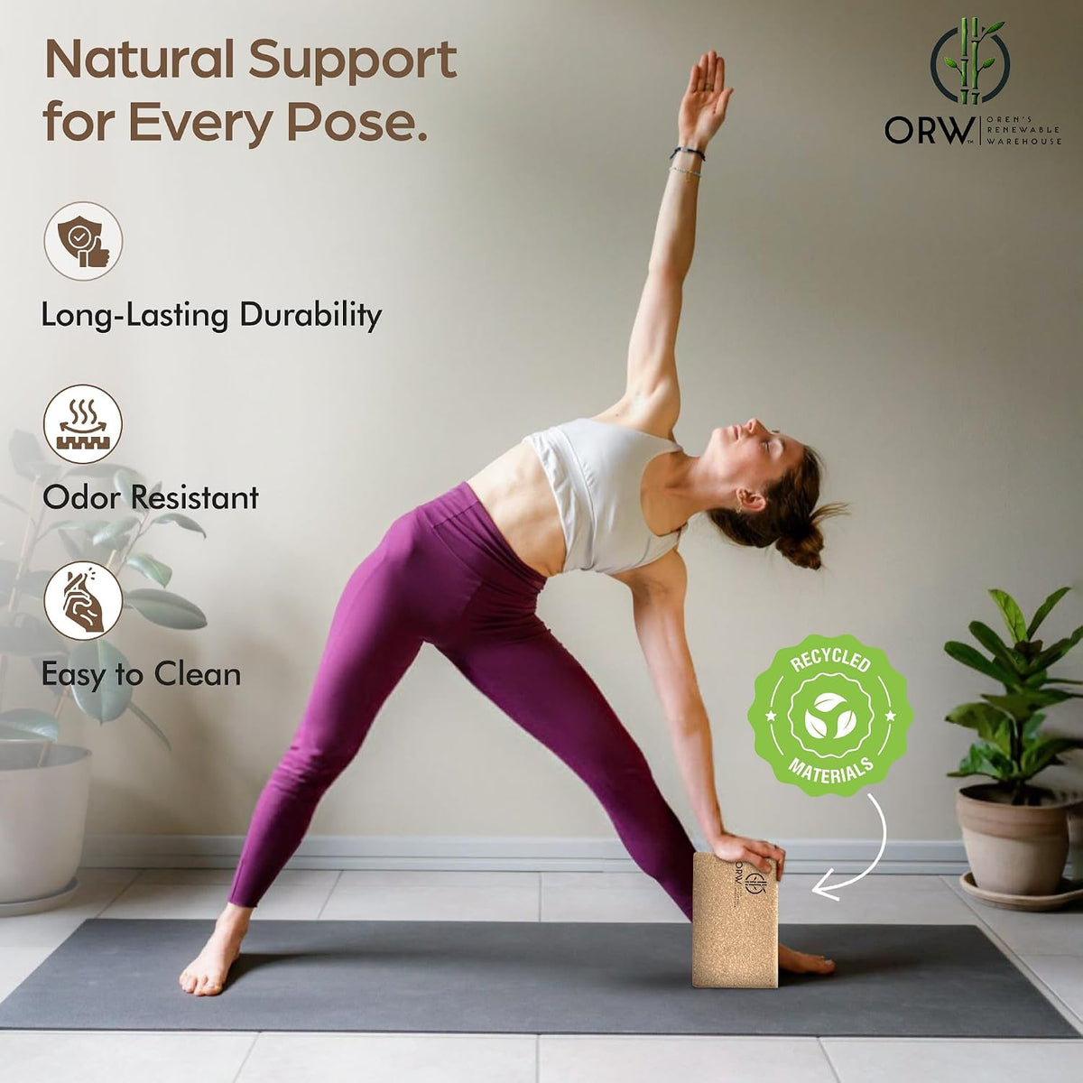 ORW Cork Yoga Block, FSC Natural Cork, Heavy, Non Slip, 9”x6”x3”, 1.5lb, Pilates