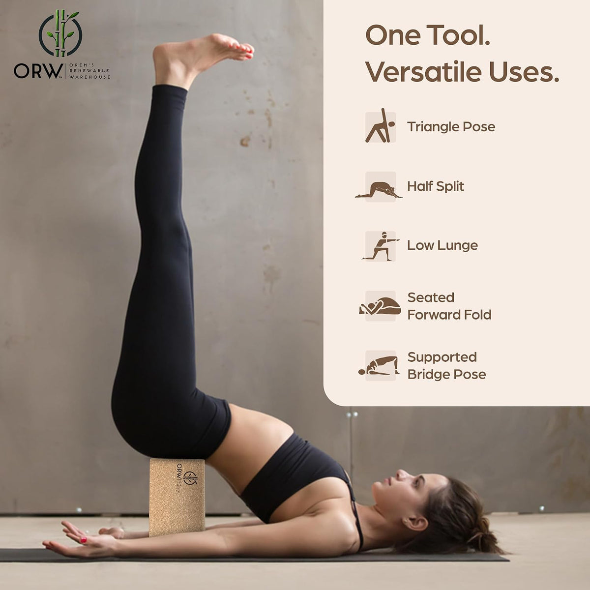 ORW Cork Yoga Block, FSC Natural Cork, Heavy, Non Slip, 9”x6”x3”, 1.5lb, Pilates