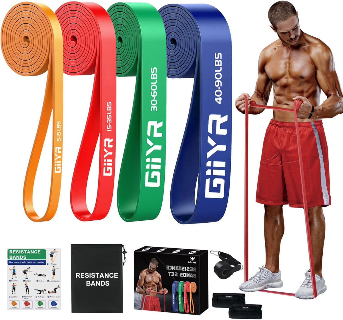 Resistance Bands Set for Men & Women - 4 Levels Exercise Band with Door Anchor, Pull Up Bands for Strength Training, Stretching, Powerlifting, Home Workouts