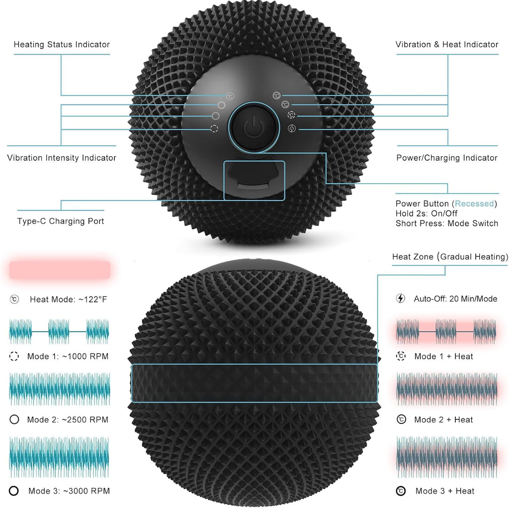 Vibrating Massage Ball with Heat, 7 Modes, Memory, 3.6 in, Black