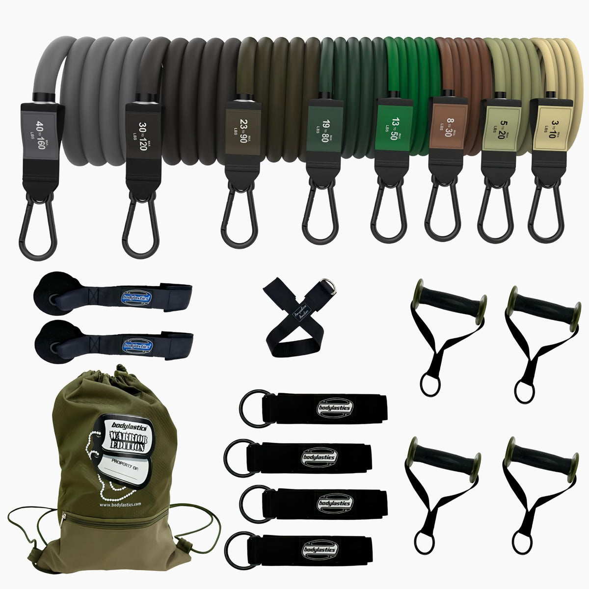Bodylastics Patented Basic Series Resistance Band Set - Resistance Bands with Snap Reduction Tech, 2 Handles, 2 Ankle Straps, 1 Door Anchor & 1 Carry Bag