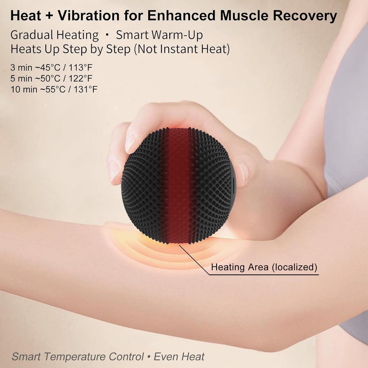 Vibrating Massage Ball with Heat, 7 Modes, Memory, 3.6 in, Black