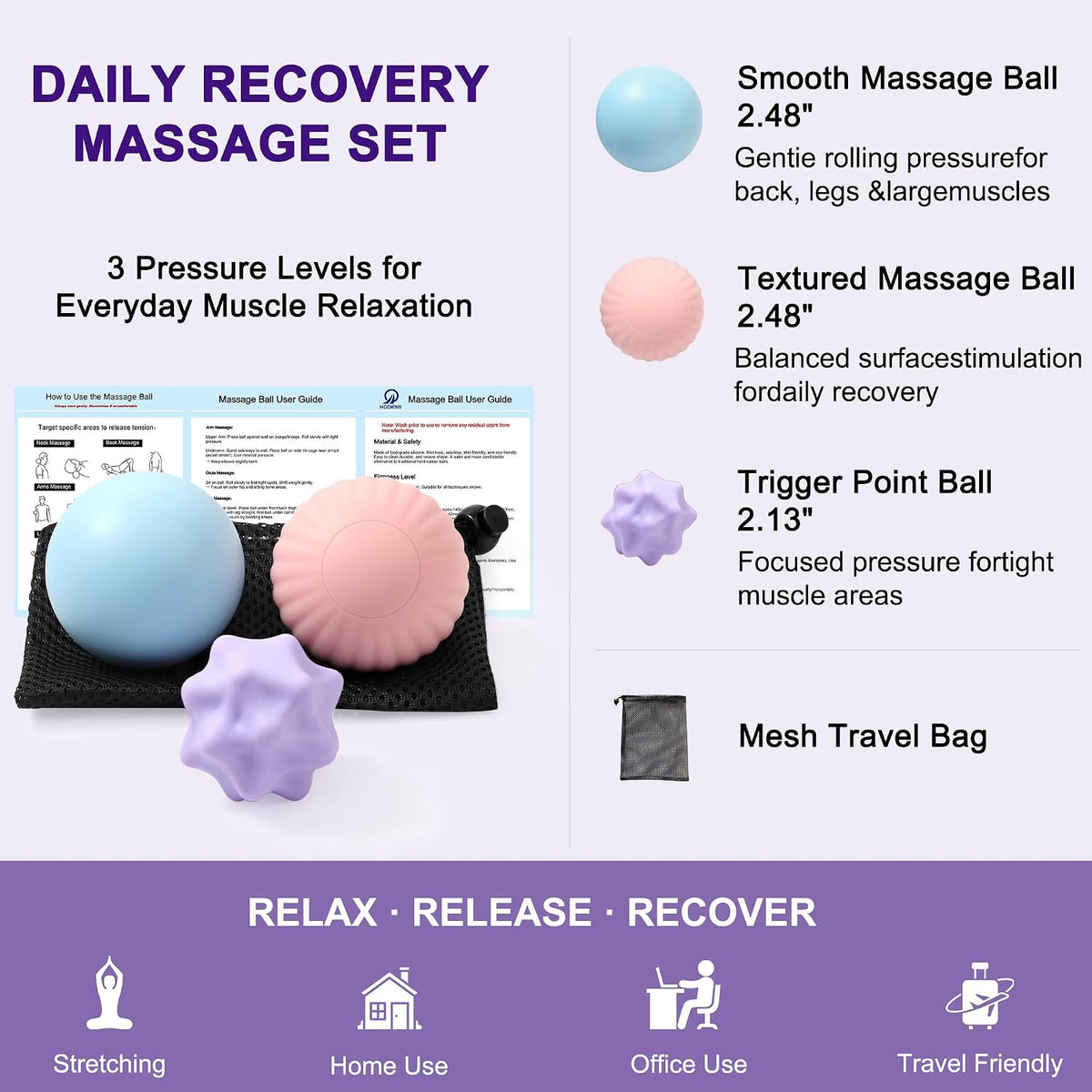 HODEMI Massage Ball Set, 3 Pack Lacrosse Ball, Textured Massage Ball & Trigger Point Ball for Deep Tissue Muscle Massage and Myofascial Release for Back, Neck, Shoulder, Leg and Foot with Mesh Bag