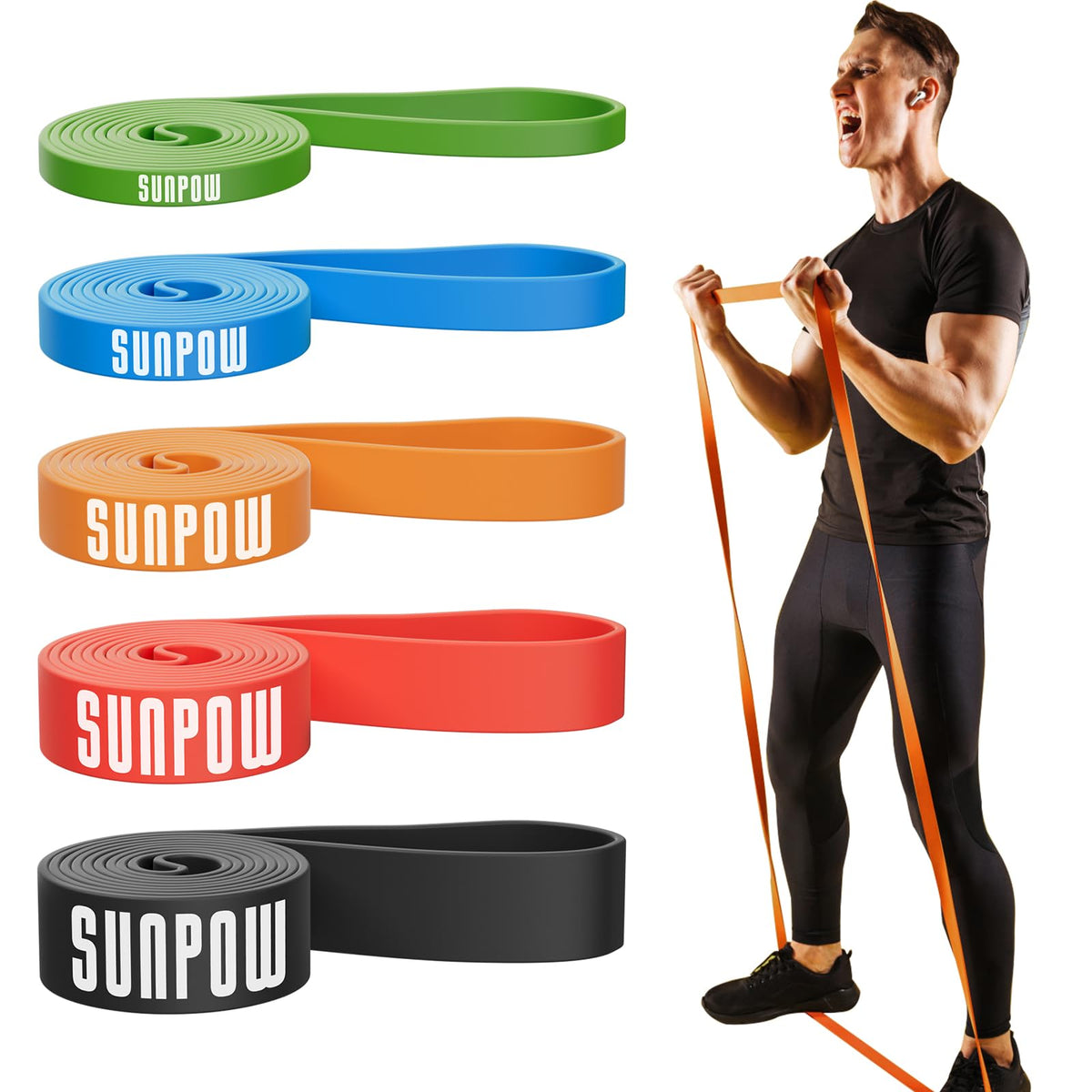 SUNPOW Pull Up Assistance Bands Set of 5 Resistance Heavy Duty Workout Exercise Stretch Fitness Bands Assist Set for Body, Instruction Guide and Carry Bag Included