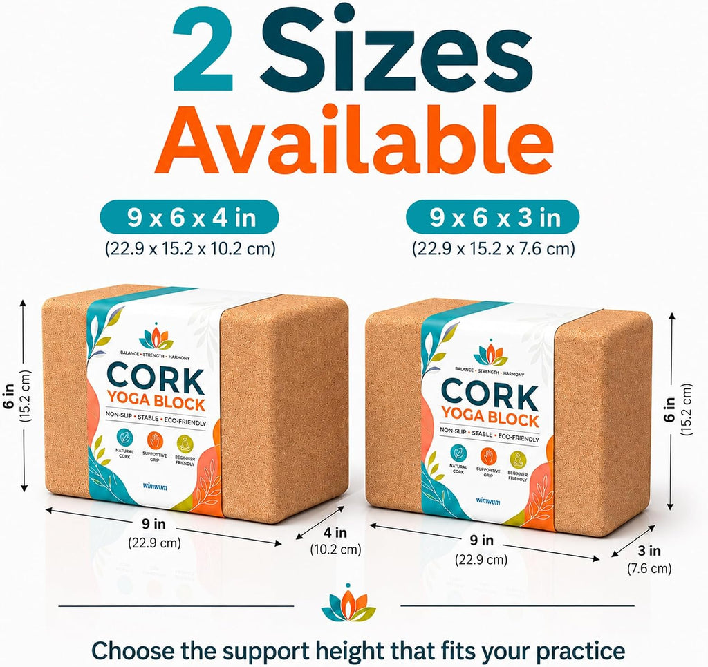 2 Pack Natural Cork Yoga Blocks, High Density Non-Slip Yoga Bricks for Pilates, Stretching, Balance and Flexibility Training
