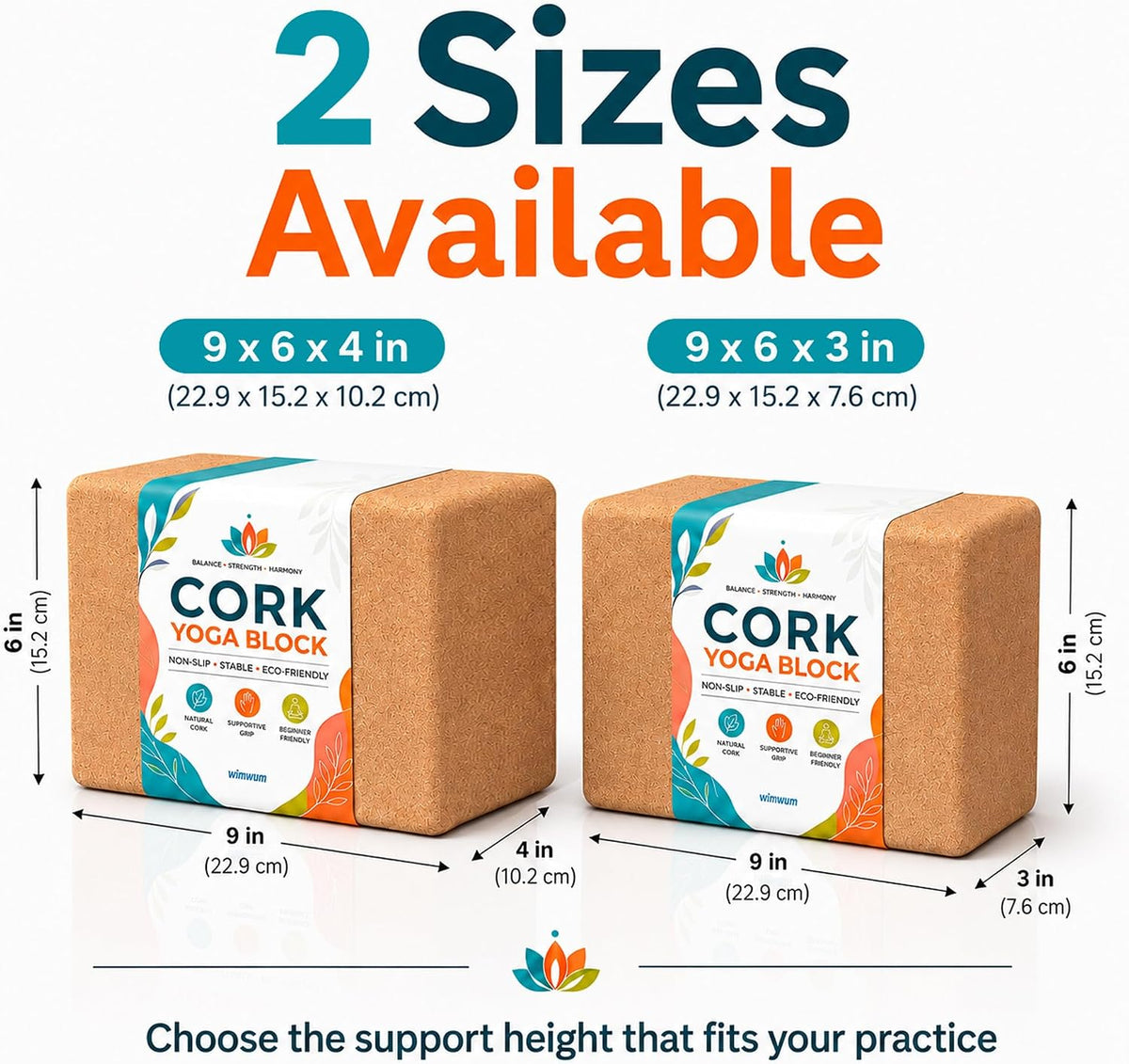 2 Pack Natural Cork Yoga Blocks, High Density Non-Slip Yoga Bricks for Pilates, Stretching, Balance and Flexibility Training