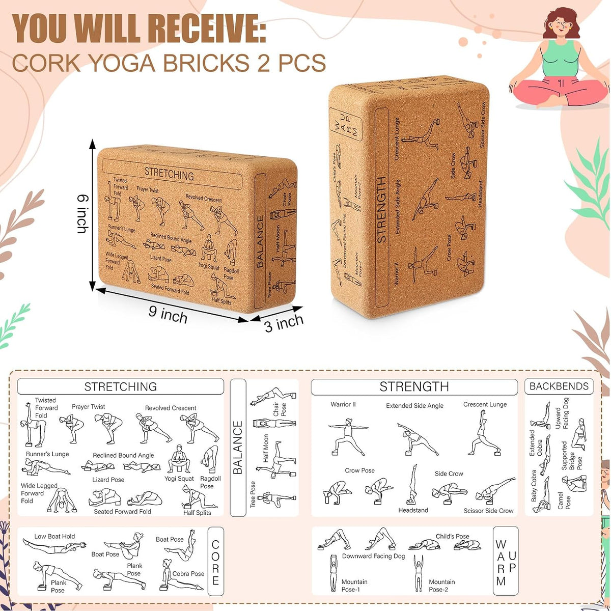 Halloscume 2 Pack Cork Yoga Blocks for Support and Balance, Beige