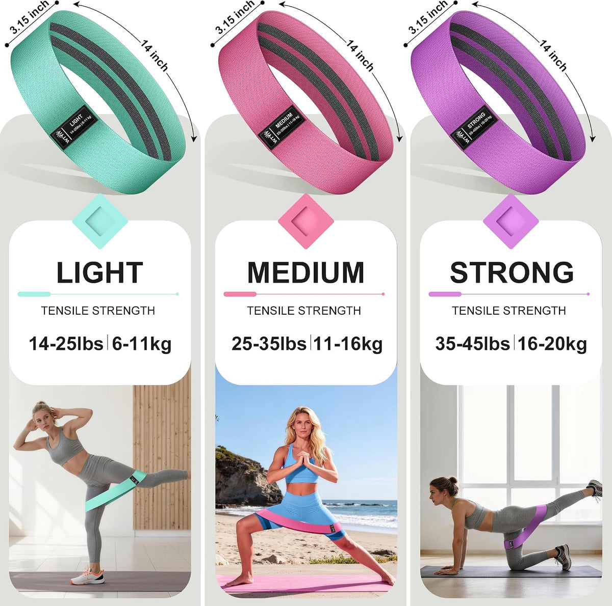 Fabric Resistance Bands for Working Out, 3-Level Non-Slip Exercise Bands for Men and Women, Booty Bands Equipment for Home Workout, Pilates, Yoga, Fitness.