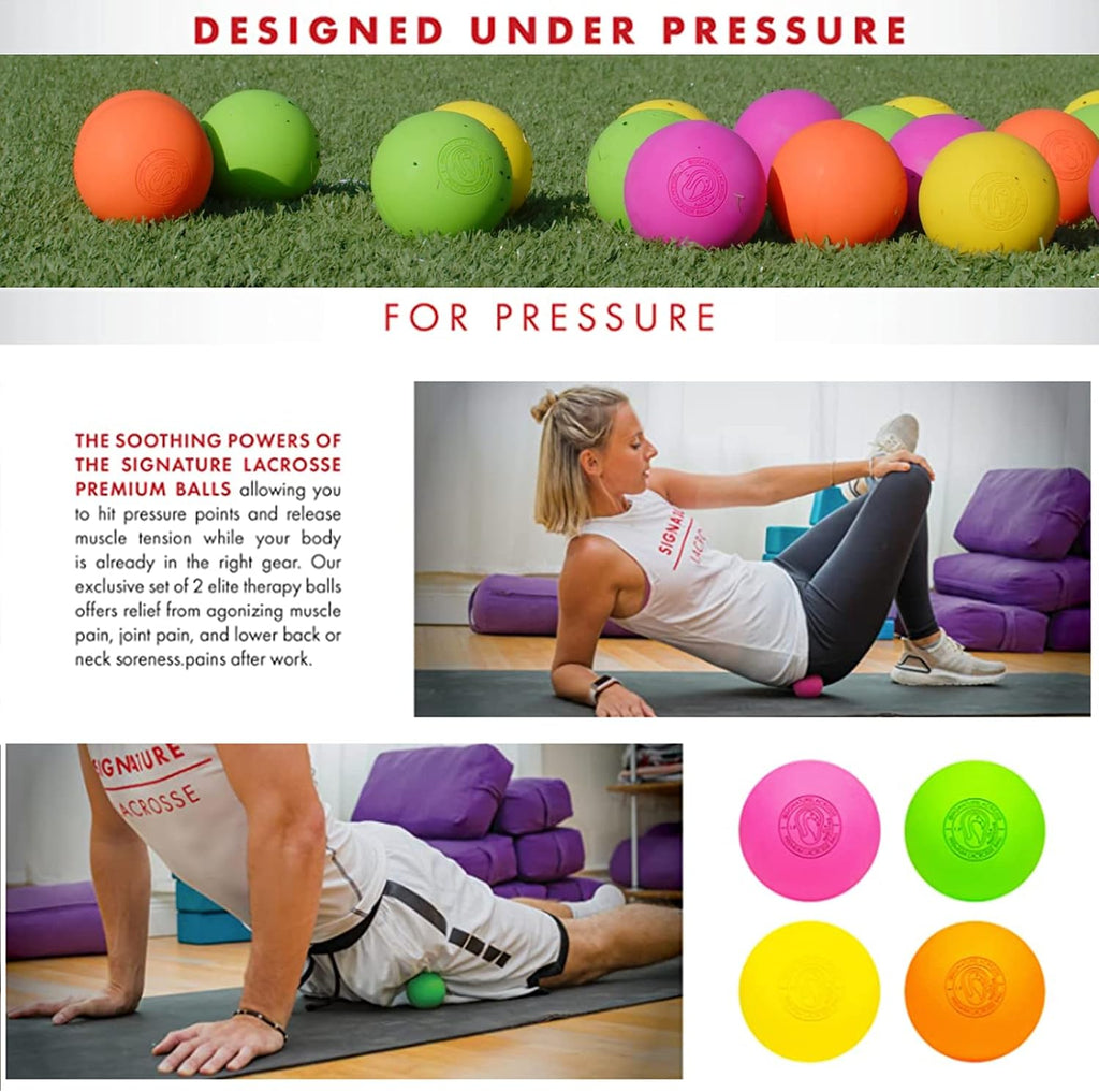 Signature Lacrosse Ball Set - Packs of 2, 4, 8, 12, and 100 - No Chemical Smell Massage Balls, Myofascial Release Tools, Back Roller, Muscle Knot Remover