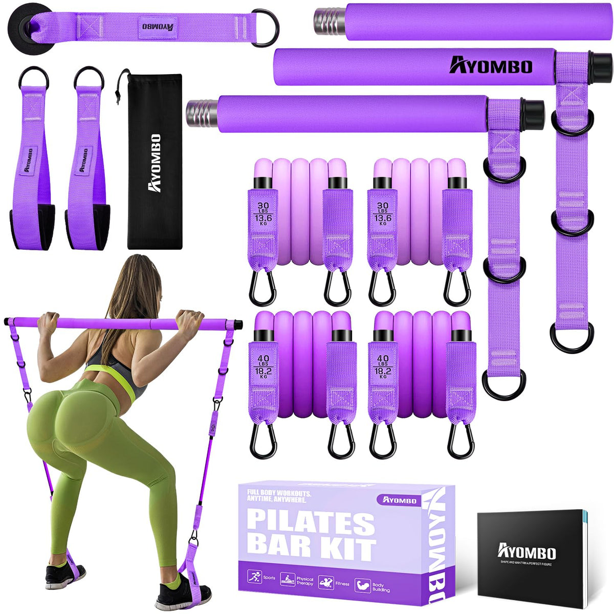Ayombo Pilates Bar Kit with Resistance Bands, Pilates Workout Equipment for Legs, Hip, Waist, Arm, Squats Exercise Equipment for Home Workouts, Adjustable 3-Section Pilates Bar Kit for Women & Men