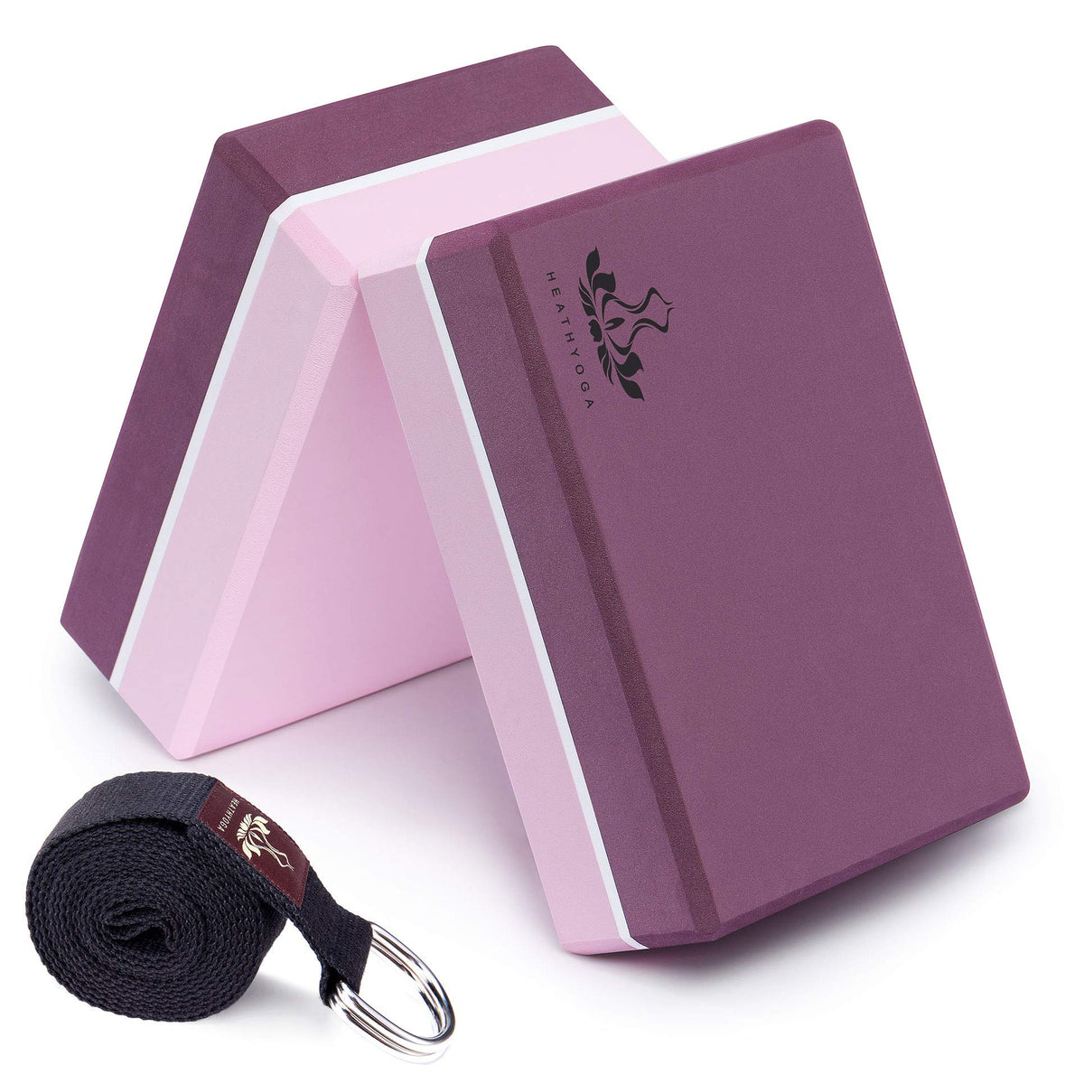Heathyoga Yoga Blocks 2 Pack with Strap, High Density EVA Foam Yoga Block and Yoga Strap Set to Support and Improve Poses and Flexibility