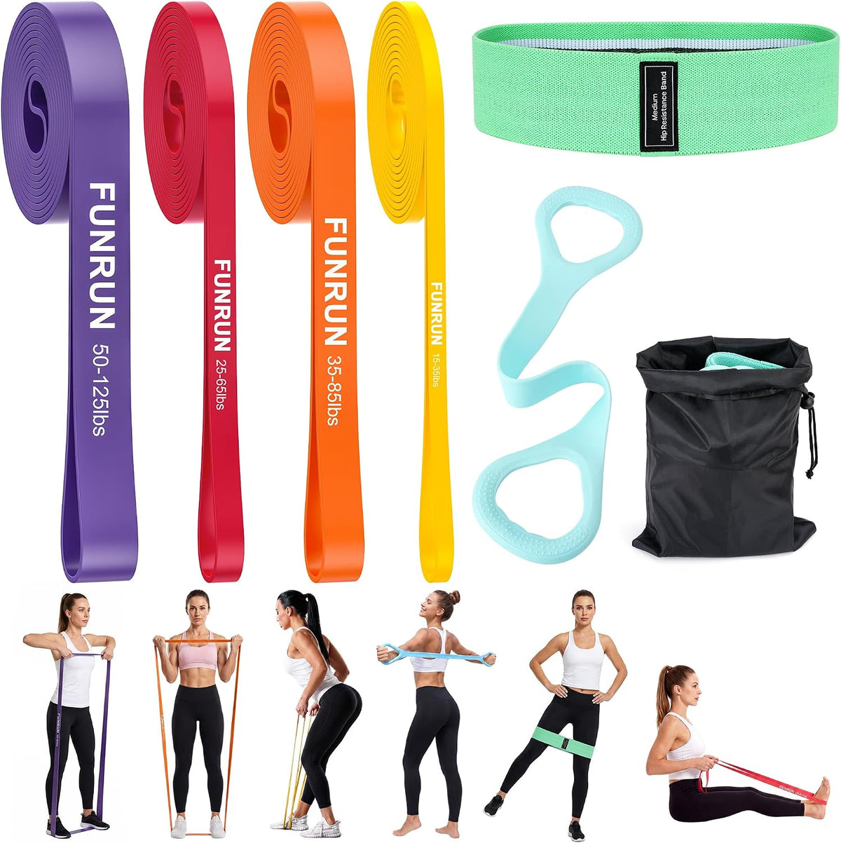 FUNRUN Resistance Bands Set for Women, Exercise Bands with Loop Bands, Non-Slip Fabric Booty Band & Figure 8 Stretch Bands for Strength Training, Physical Therapy, Pilates & Yoga - Pull Up Assistance
