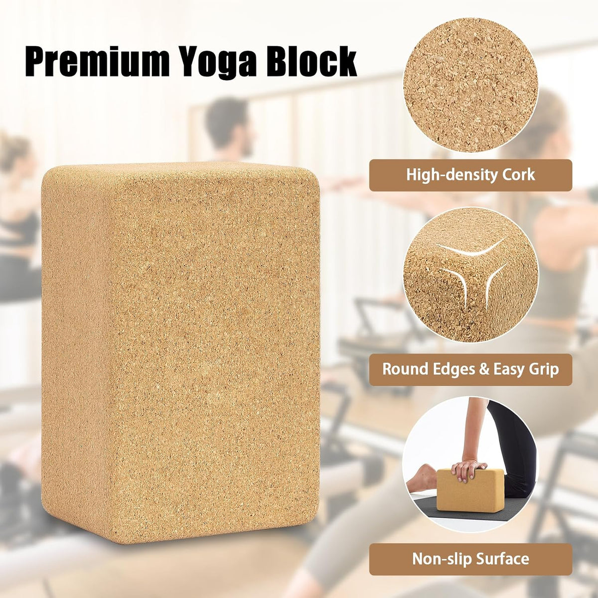 Hatha Yoga Cork Yoga Block, Natural Cork from Portuguese, Premium Brick 9"x6"x4", Eco-Friendly Yoga Accessories for Yoga, Pilates & Stretching