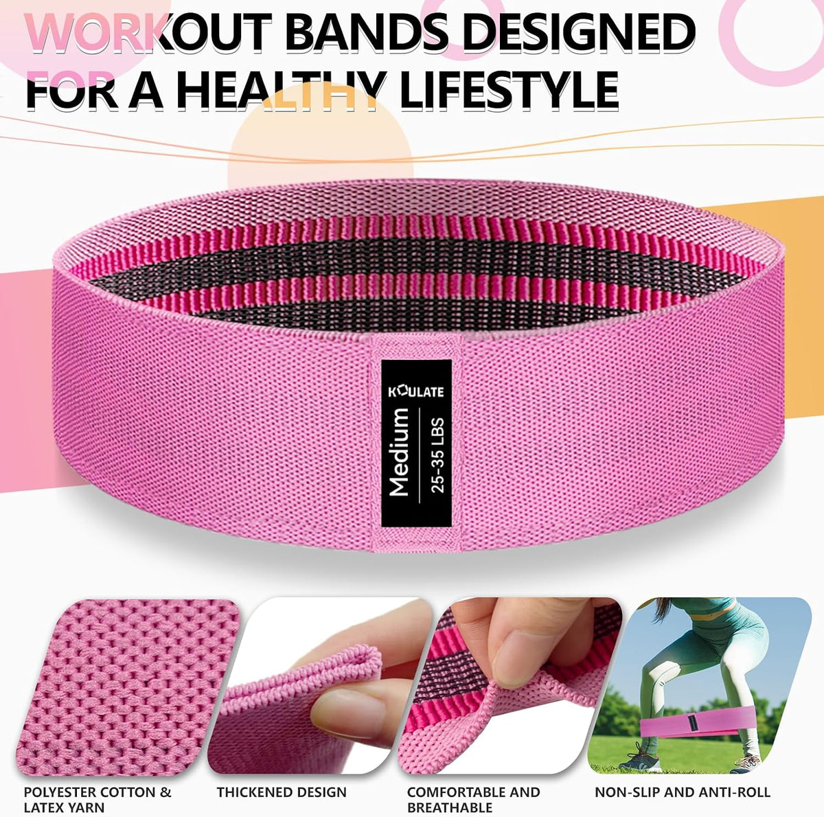 Exercise Bands, 3 Levels Fabric Resistance Bands for Working Out, Workout Bands Resistance for Women & Men, Multi-Colored Fabric Booty Bands for Leg Strength Training, Rehab, Yoga