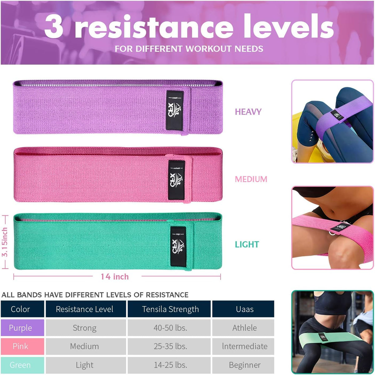 CFX Resistance Bands Set, Exercise Bands with Non-Slip Design for Hips & Glutes, 3 Levels Workout Bands for Women and Men, Booty Bands for Home Fitness, Yoga, Pilates