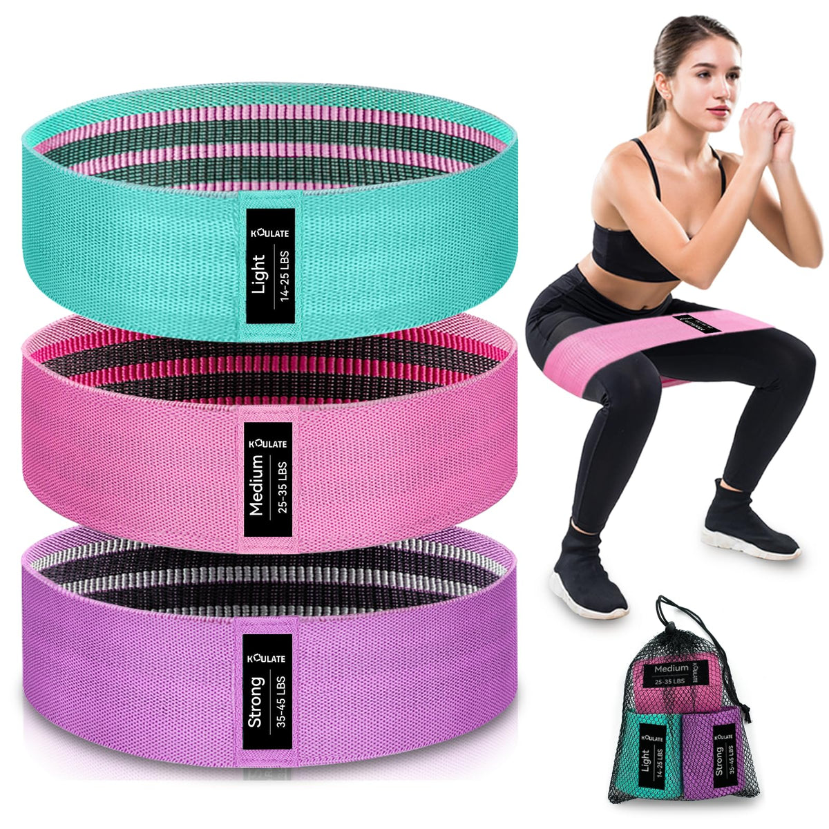Exercise Bands, 3 Levels Fabric Resistance Bands for Working Out, Workout Bands Resistance for Women & Men, Multi-Colored Fabric Booty Bands for Leg Strength Training, Rehab, Yoga