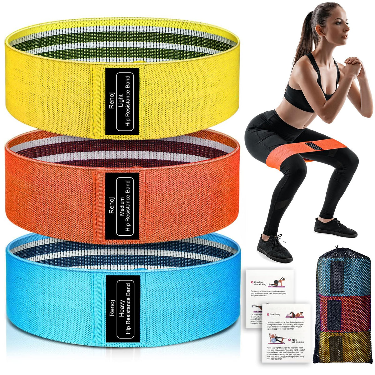Renoj Resistance Bands for Working Out: 3-Set Professional Exercise Bands for Pilates, Yoga, Home Gym, Booty, Leg Training | Heavy/Medium/Light Fabric Loops for Women Men