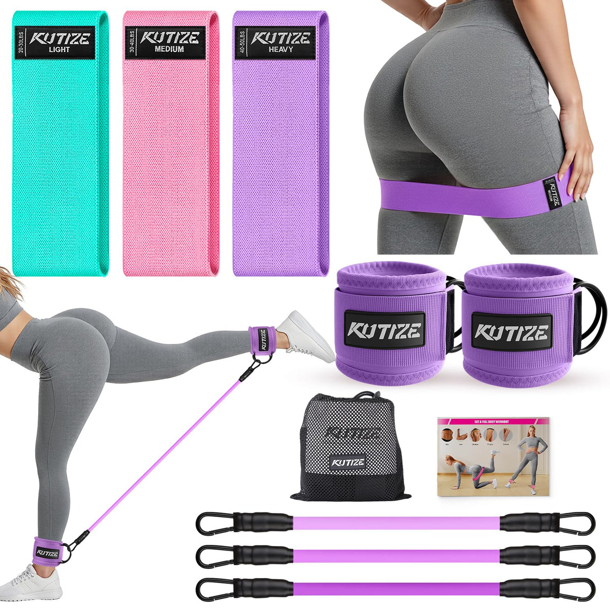 KUTIZE Ankle Resistance Bands with Cuffs & Fabric Resistance Bands Set - Legs & Glutes Workout Equipment for Women & Men, Home Gym Heavy Exercise Bands for Hip, Yoga, Strength Training, Rehab, Pilates