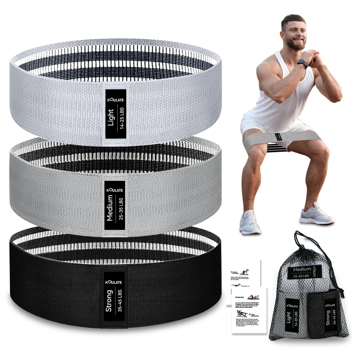 Exercise Bands, 3 Levels Fabric Resistance Bands for Working Out, Workout Bands Resistance for Women & Men, Multi-Colored Fabric Booty Bands for Leg Strength Training, Rehab, Yoga