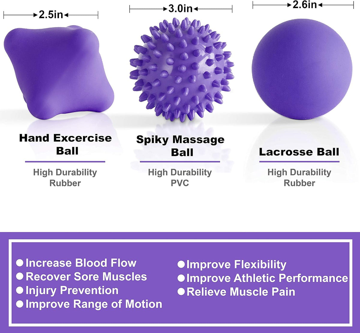 Posture Magic Massage Ball Kit for Myofascial Trigger Point Release & Deep Tissue Massage - Set of 6 - Large Foam/Small Foam/Lacrosse/Peanut/Spiky/Hand Exercise Ball (Purple)