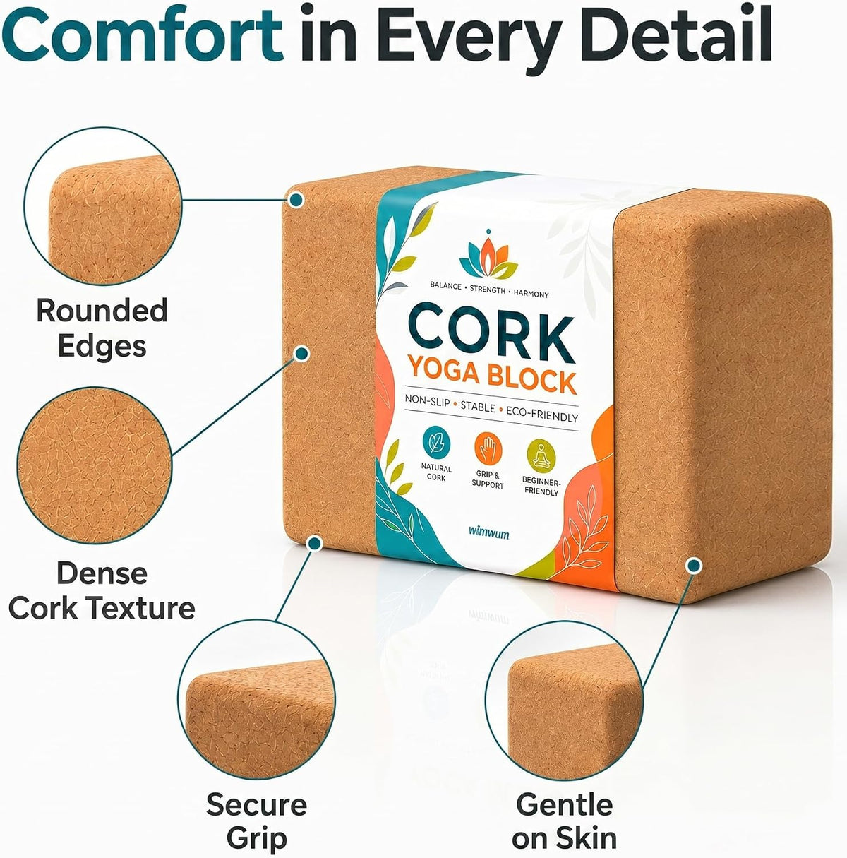 2 Pack Natural Cork Yoga Blocks, High Density Non-Slip Yoga Bricks for Pilates, Stretching, Balance and Flexibility Training