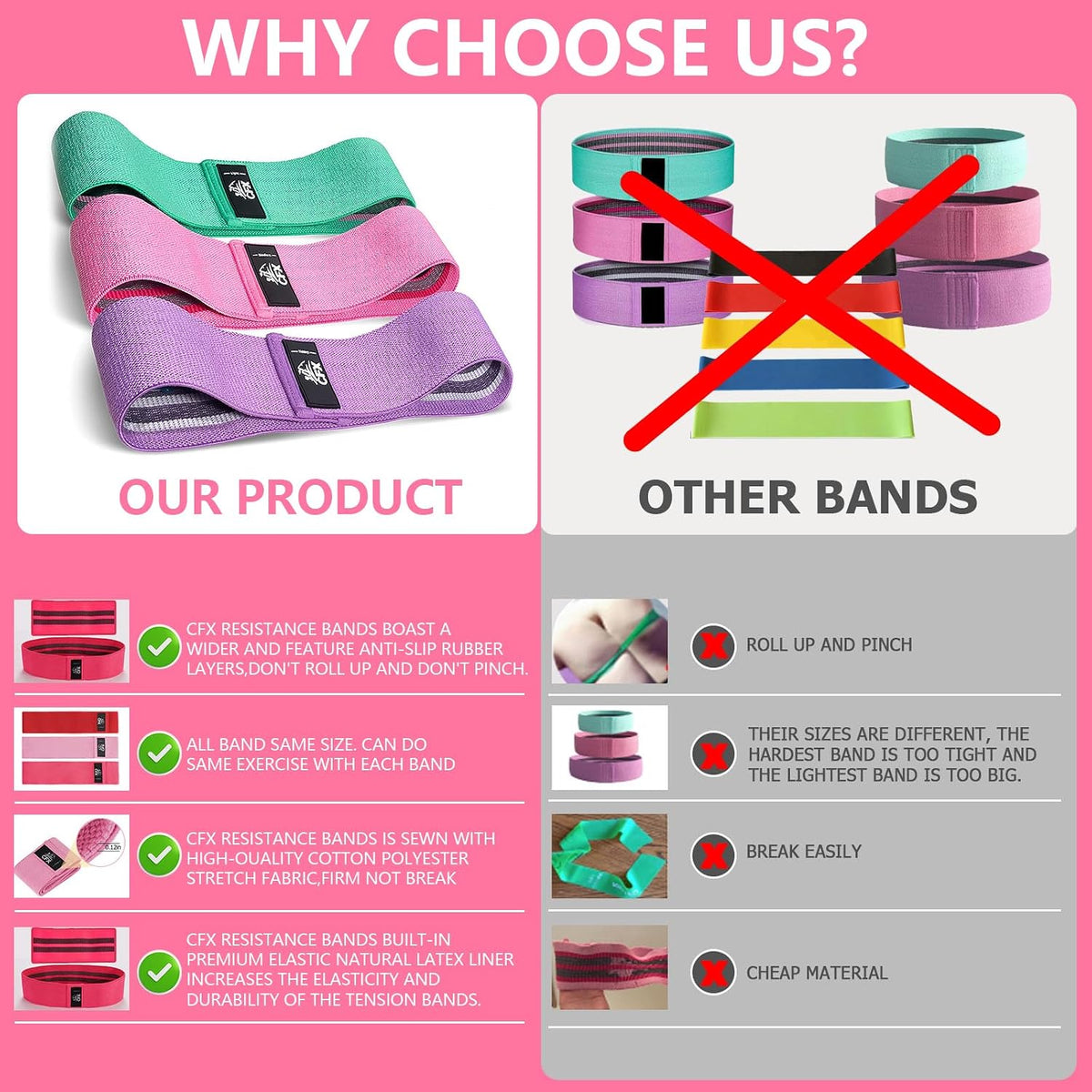 CFX Resistance Bands Set, Exercise Bands with Non-Slip Design for Hips & Glutes, 3 Levels Workout Bands for Women and Men, Booty Bands for Home Fitness, Yoga, Pilates