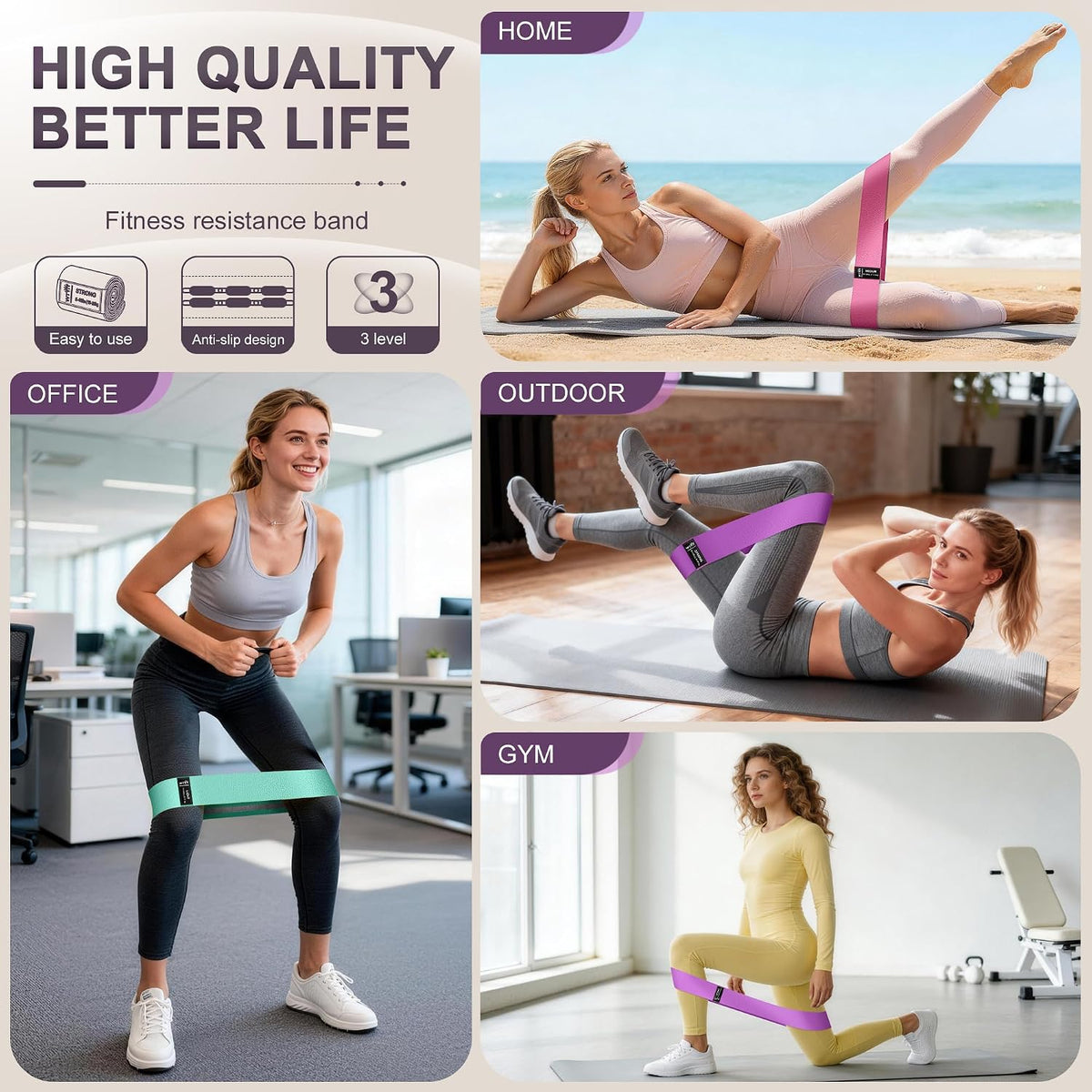 Fabric Resistance Bands for Working Out, 3-Level Non-Slip Exercise Bands for Men and Women, Booty Bands Equipment for Home Workout, Pilates, Yoga, Fitness.
