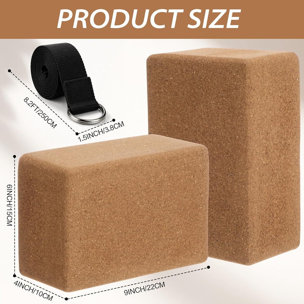 Leitee 6 Pcs Cork Yoga Blocks with Straps 9 x 6 x 4 Inch Cork Yoga Brick 8.2 FT Strap Non Slip High Density Bricks Exercise Blocks for Physical Stretching Flexibility Balance Fitness Pilates