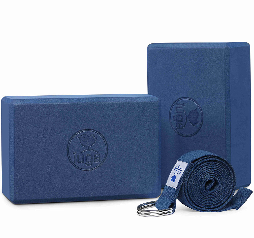 IUGA Yoga Blocks 2 Pack With Strap Non Slip High Density 9"x6"x3" Solid & Cork Yoga Block With Yoga Strap to Improve Strength Balance for Yoga Pilates Meditation